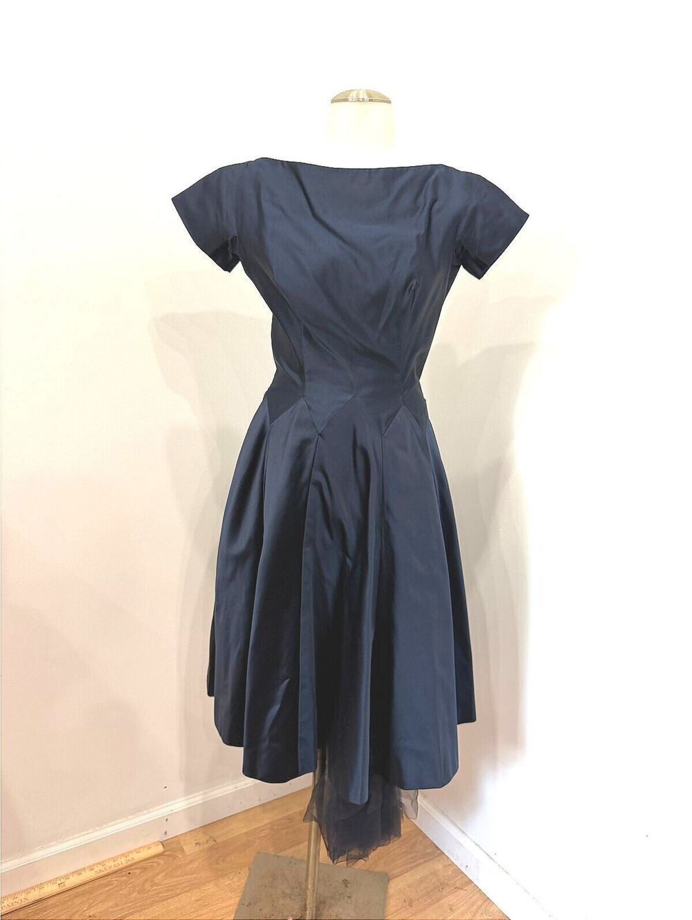 Vintage Hannah Troy 1950s Navy Blue Midi Dress with Cap Sleeves Tulle Detail